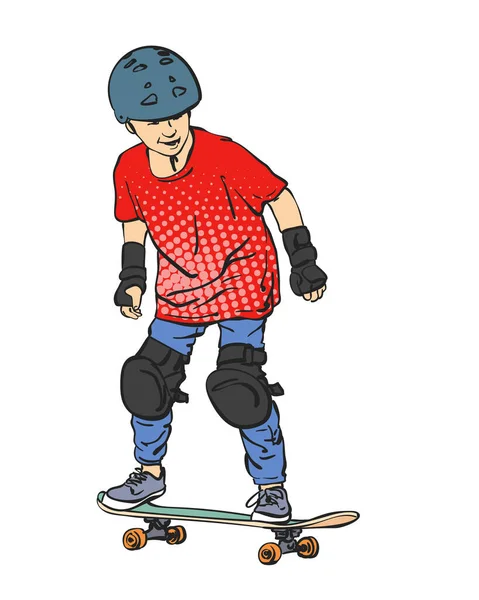 スケートボードに乗ってフル保護とヘルメットに乗って男の子スケートボードのスケッチ ハーフトーンドット付きの赤いTシャツ 白い背景に隔離された手描きのカラーベクトルイラスト — ストックベクタ