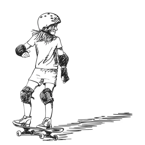 Schizzo Ragazza Skateboarder Piena Protezione Casco Equitazione Skateboard Disegnato Mano — Vettoriale Stock