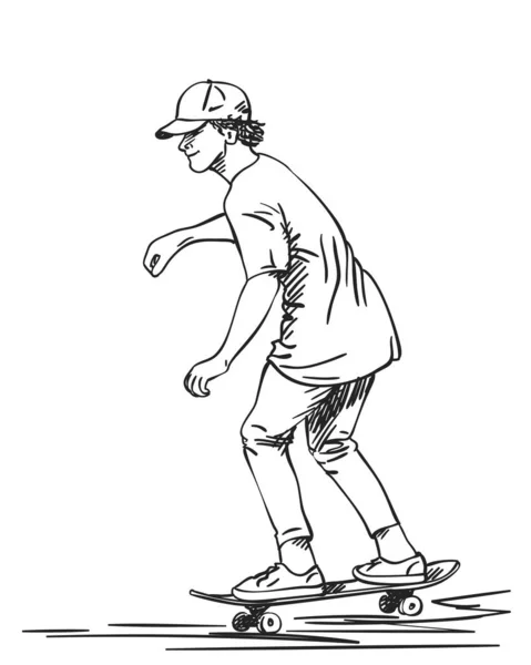 帽子のスケートボーダーのスケッチ Tシャツ スケートボードに乗ってタイトなパンツ 白い背景に隔離された手描きのハッチベクトルイラスト — ストックベクタ