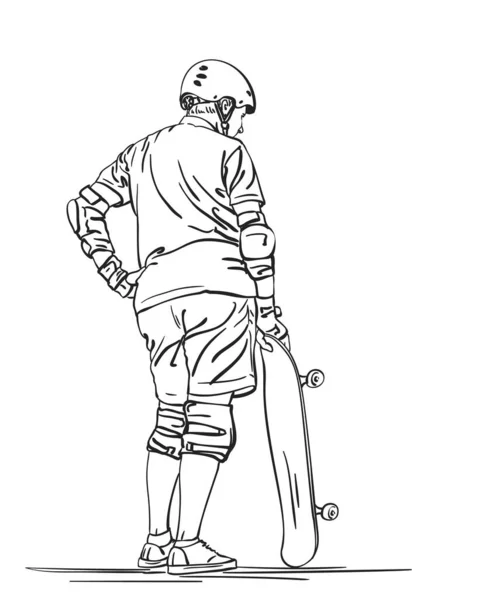 Schizzo Skateboarder Protezione Casco Sta Akimbo Tiene Skateboard Linea Disegnata — Vettoriale Stock