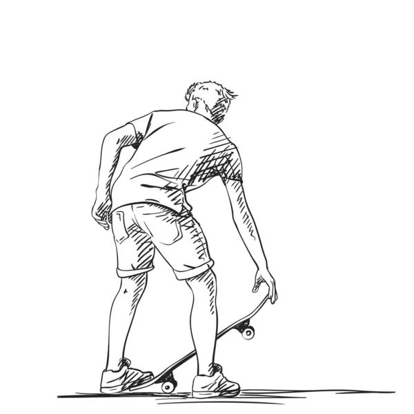 Skica Skateboardista Kraťasech Držící Skateboard Pohled Zezadu Ručně Kreslené Šrafované — Stockový vektor