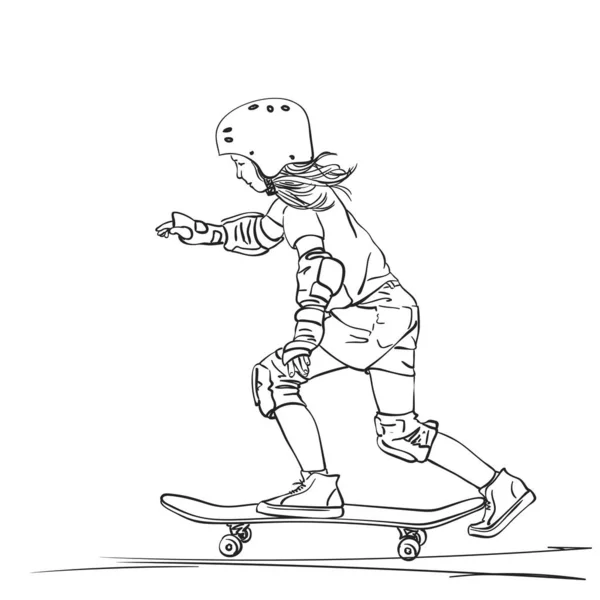 Sketch Girl Skateboarder Full Protection Helmet Riding Skateboard Hand Drawn — Stock Vector