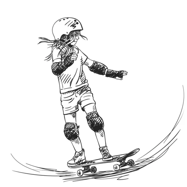 滑板上长发女子滑板手的素描 在滑板公园有充分的保护和头盔 手绘帽色矢量图以白色背景隔离 — 图库矢量图片