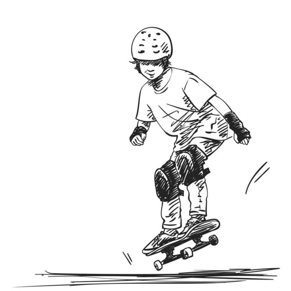 Рисунок мальчика скейтбордист в полной защите и шлем езда на скейтборде в скейт-парке, ручной рисовал штрихи векторные иллюстрации изолированы на белом фоне