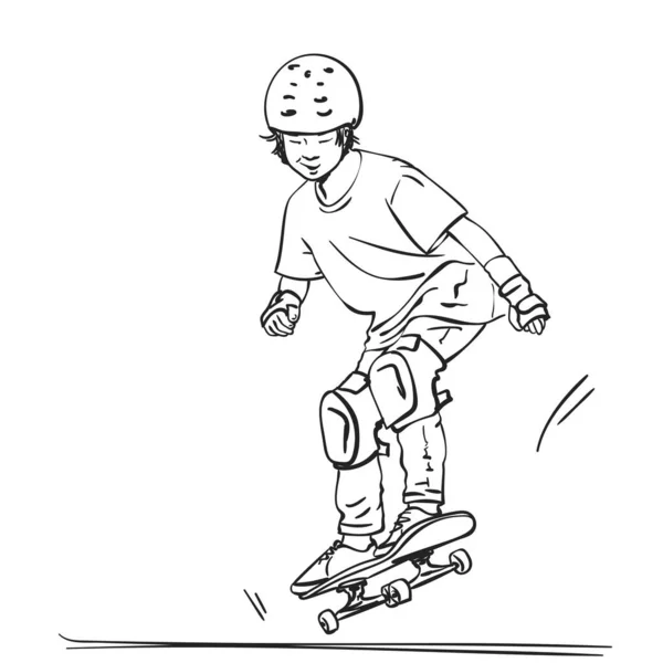 スケートボード上でジャンプフル保護とヘルメットでアジアの少年スケートボーダーのスケッチ 白地に隔離された手描きラインアートベクトルイラスト — ストックベクタ