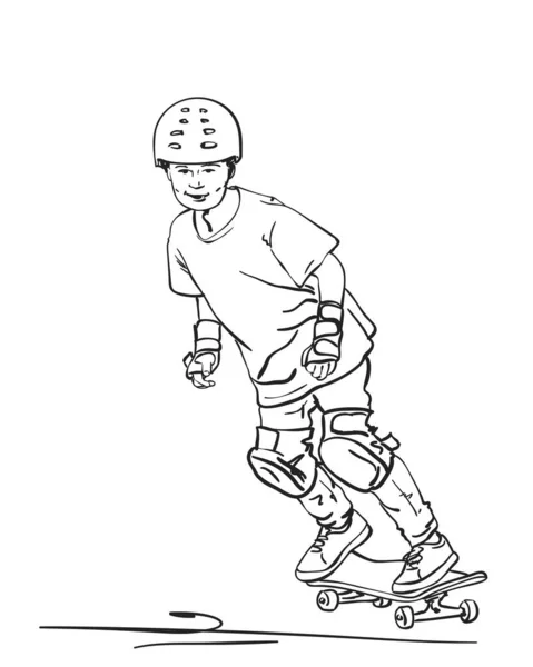 Schets Van Jongen Skateboarder Volledige Bescherming Helm Rijden Skateboard Hand — Stockvector