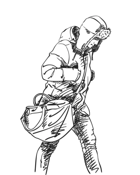 冬服に大きな袋と耳フラップ付きの帽子を持つ男を歩くのスケッチ ハッチング色合いと手描きベクトルイラスト — ストックベクタ