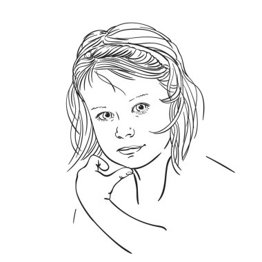 El çizimi, düşünceli, başparmağı çenesine değen güzel bir kız yüzü, beyaz arkaplanda izole edilmiş vektör çizimi, çizgi çizimi.