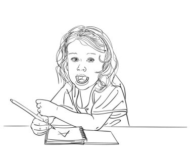 Ağzı açık çocuk sesi A harfli bir not defteri büyük bir A harfi, vektör çizimi, beyaz arka planda el çizimi çizimi çizimi resim çizimi.