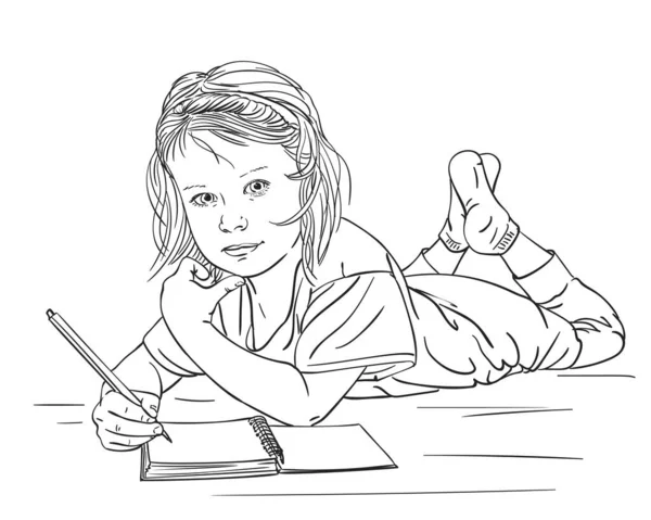 床に横たわっている間ノートブックで書く子供の女の子 ベクトルスケッチ 手描きラインアートイラスト — ストックベクタ