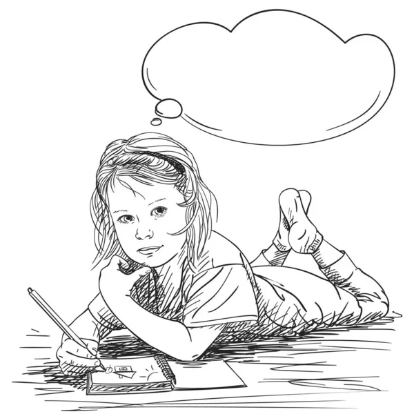 Criança Menina Desenho Casa Sol Livro Notas Enquanto Deitado Chão — Vetor de Stock