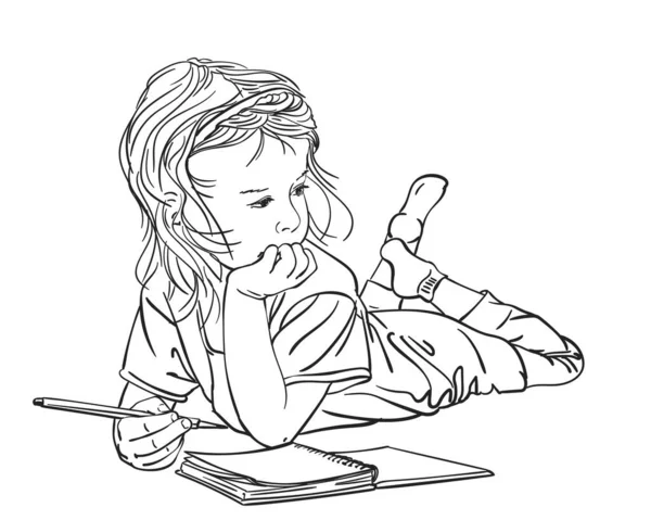 Gyermek Lány Írás Jegyzetfüzetbe Miközben Feküdt Padlón Vektor Vázlat Kézzel — Stock Vector