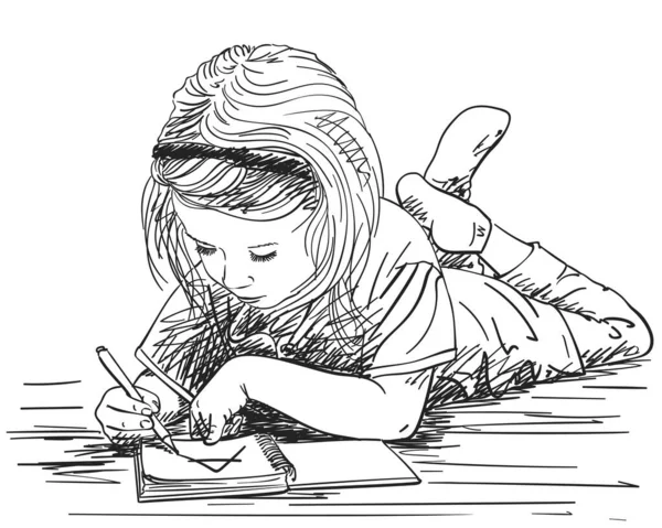 Kind Schreibt Notizbuch Groß Ein Brief Auf Dem Boden Liegend — Stockvektor