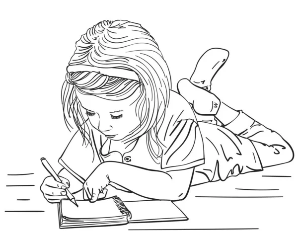 Criança Escrevendo Livro Notas Enquanto Deitado Chão Vector Esboço Ilustração — Vetor de Stock