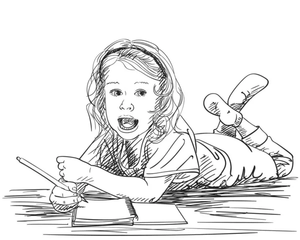 Ребенок Девочка Открытым Ртом Произносит Звук Записная Книжка Время Лежания — стоковый вектор