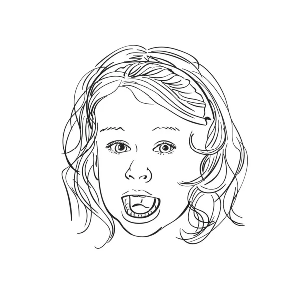 Face Young Girl Open Mouth Surprised Expression Vector Sketch Hand — Stock Vector