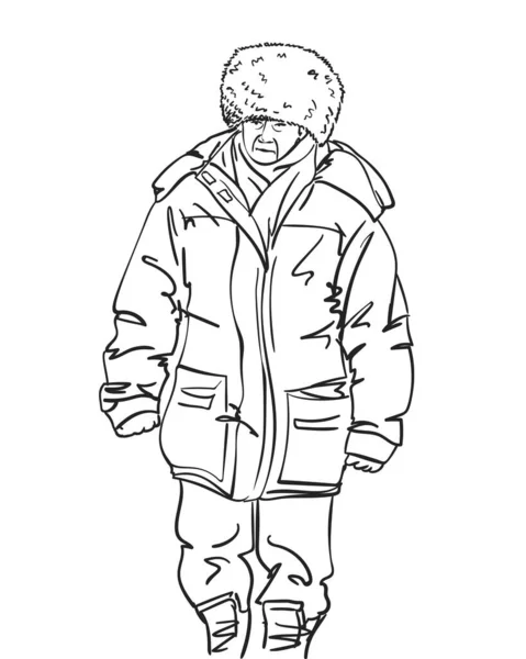 Sketch Old Woman Warm Winter Clothes Big Fur Hat Hand — Stock Vector