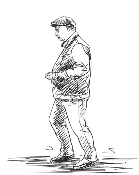 头戴帽子 被白色背景隔离的走起路来的胖子的画像 矢量草图 手绘带有帽檐的插图 — 图库矢量图片