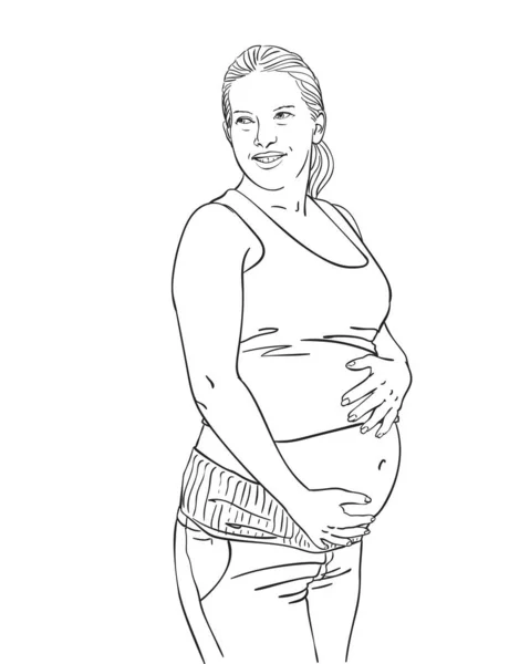 Ručně Kreslené Těhotné Ženy Úsměvem Vektorový Náčrt Izolované Bílém Pozadí — Stockový vektor