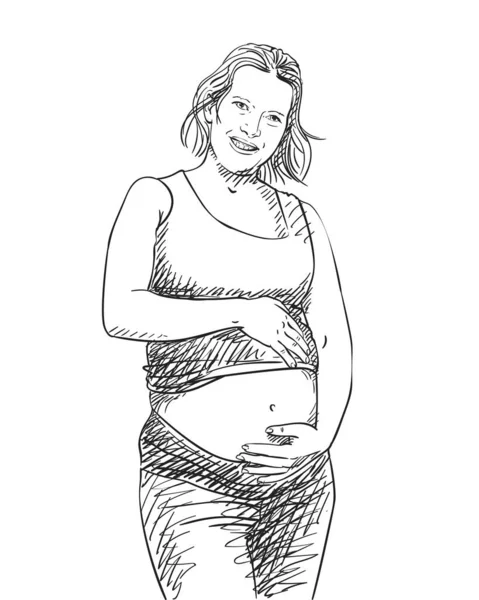 Schwangere Lächelnd Vektorskizze Handgezeichnete Illustration Mit Schraffierten Farbtönen — Stockvektor