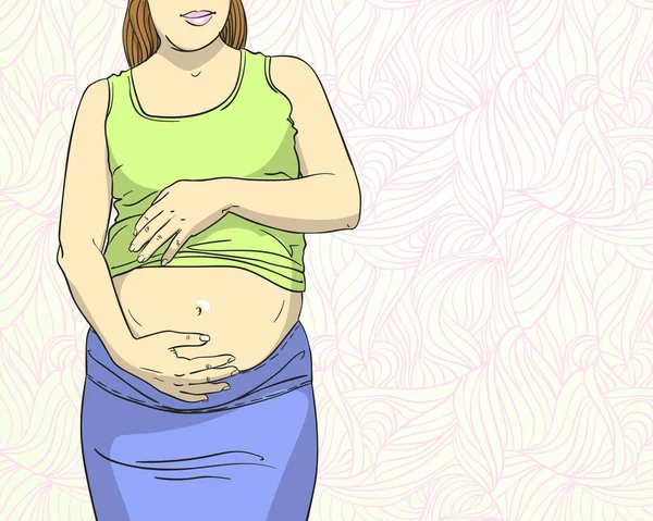 Mulher Grávida Tocando Sua Barriga Fundo Linhas Abstratas Rosa Ilustração —  Vetores de Stock