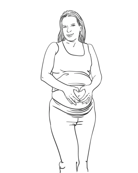 Femme Enceinte Heureuse Dessinée Main Faisant Geste Cœur Sur Son — Image vectorielle