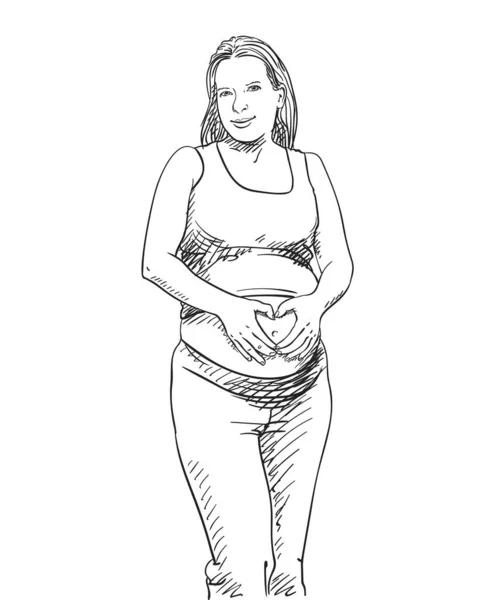 Szczęśliwa Ciężarna Kobieta Robi Gest Serca Nad Jej Brzuchem Ciąża — Wektor stockowy