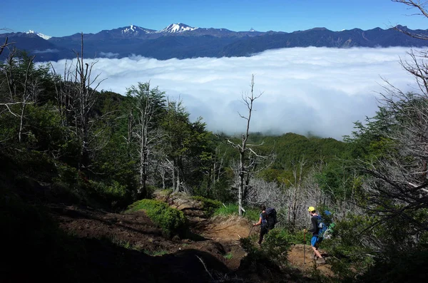 雲の上の山の上でトレッキング 雲に満ちた谷にダウンプユエ国立公園内の山の中腹に歩いてカップル パタゴニア — ストック写真