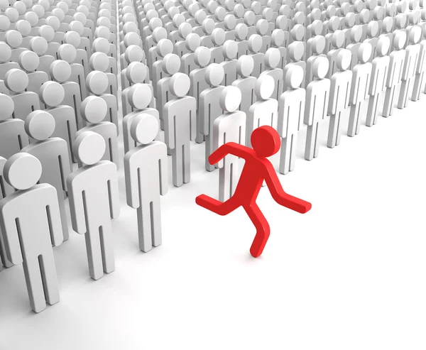 Red Human Figure Running from the Crowd of Gray Indifferent Huma — Stock Photo, Image