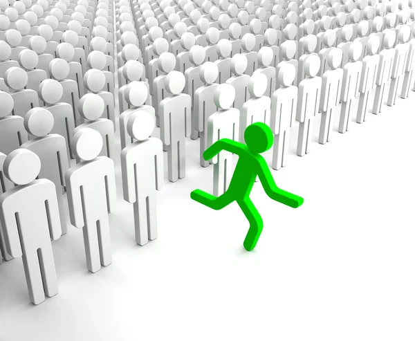 Green Human Figure Running from the Crowd of Gray Indifferent Humans