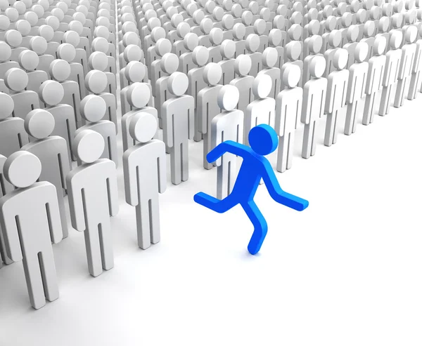 Blue Human Figure Running from the Crowd of Gray Indifferent Huma — Stock Photo, Image