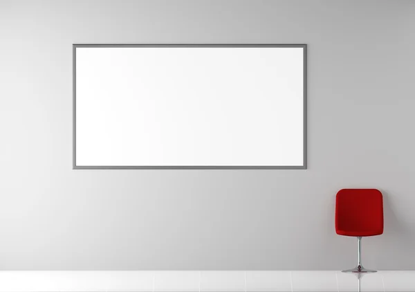Moderna sedia rossa in interni vuoti con cartellone sulla parete — Foto Stock
