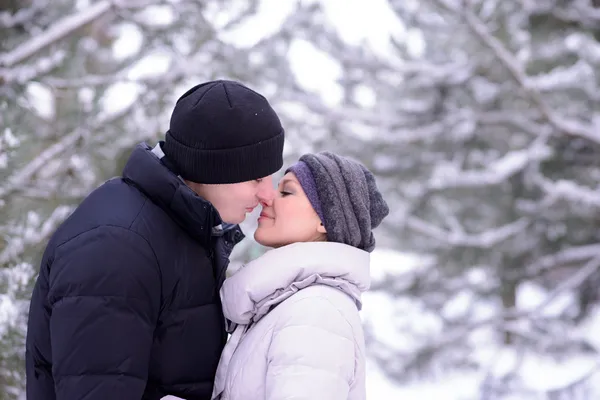 Portrait of a Young Beautiful Couple Kissing Outdoors in Winter — Stock Photo, Image