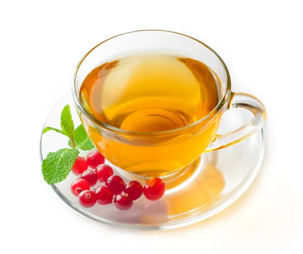 Glass Cup of Tea with Cranberries and Mint Isolated on the White Background — Stock Photo, Image