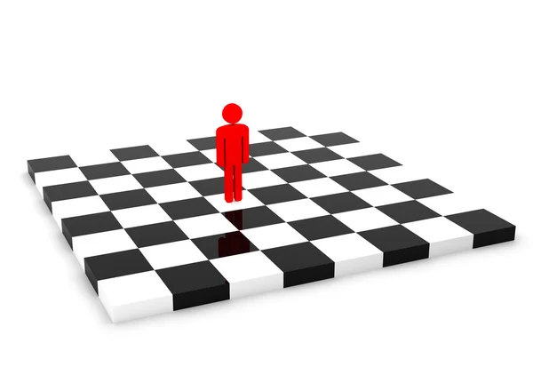 Jedna czerwona postać człowieka stoi sam na pustej szachownicy — Zdjęcie stockowe