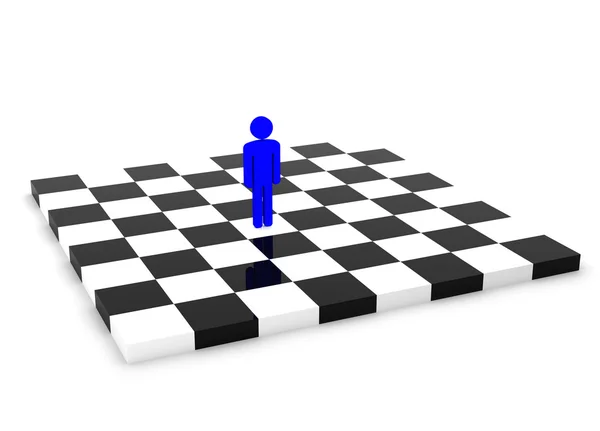 Ένα μπλε ανθρώπινη φιγούρα που στέκεται μόνη της σε κενή σκακιέρα — Φωτογραφία Αρχείου