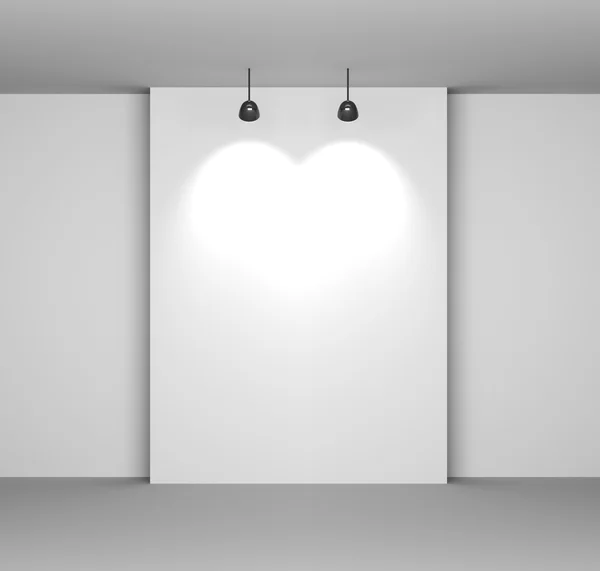 Galerie weißer Innenraum mit leerem Schreibtisch und Lampen — Stockfoto