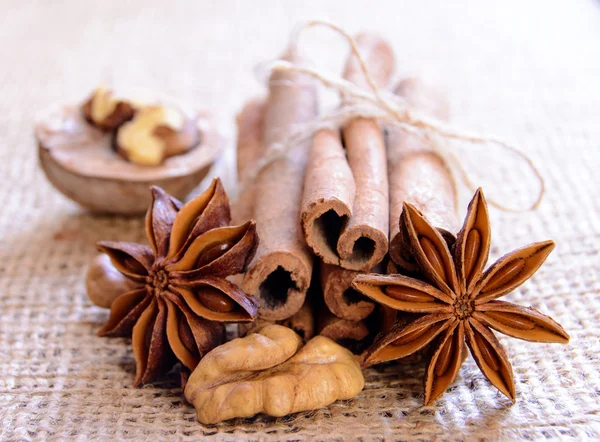 Nueces, anís estrellado y canela en el fondo de arpillera — Foto de Stock