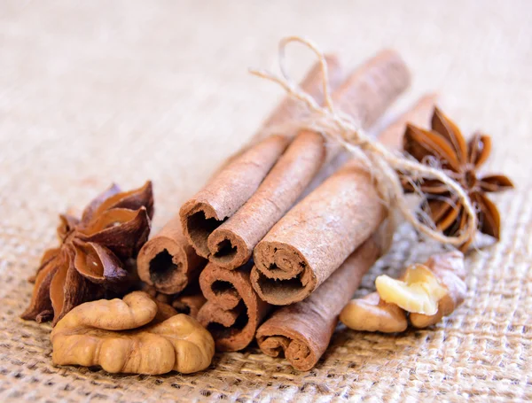 Vlašské ořechy, badyán a skořice na pozadí pytlovina — Stock fotografie