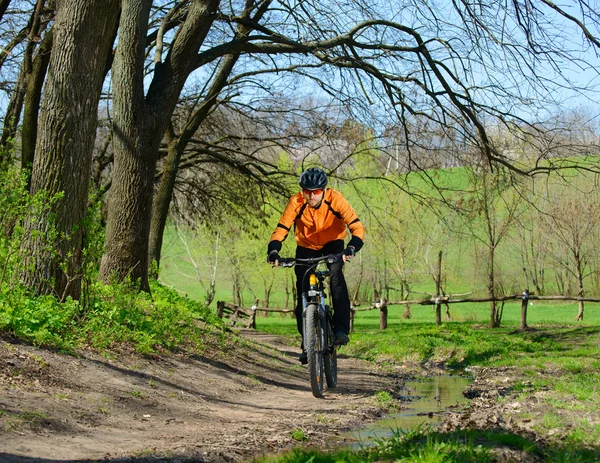 Ciclista andando de bicicleta na trilha na floresta — Fotografia de Stock