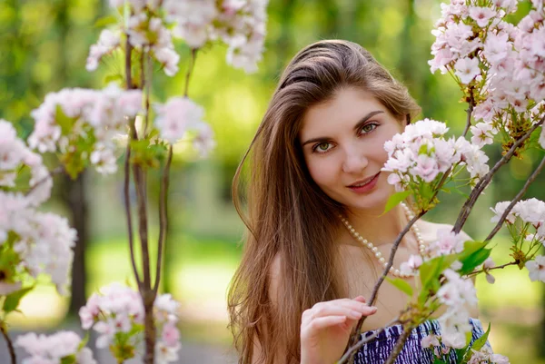 Όμορφη κοπέλα με ροζ sakura λουλούδια — Φωτογραφία Αρχείου