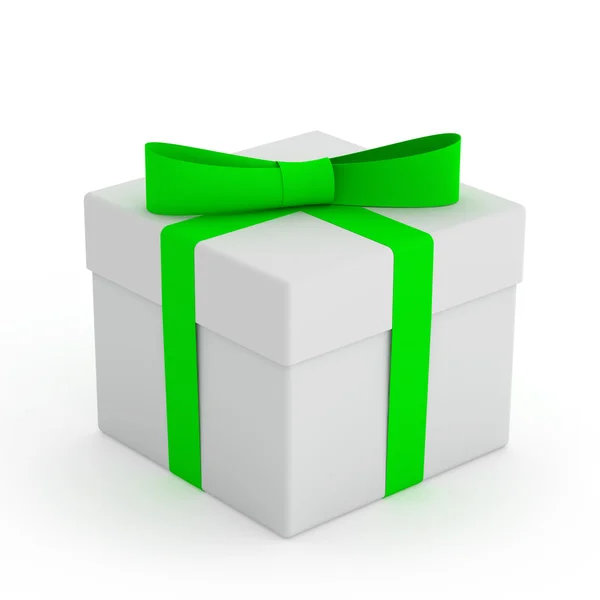 White Gift Box with Green Ribbon and Bow on the White Background — Stock Photo, Image