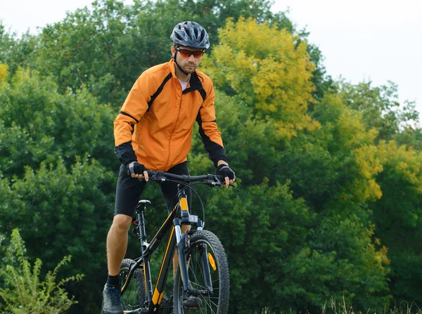 Ciclista montando en bicicleta en el hermoso bosque de otoño —  Fotos de Stock