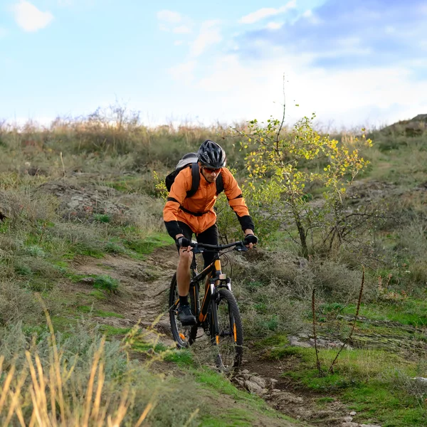 Cyklista, jízda kole na krásné horské stezce — Stock fotografie