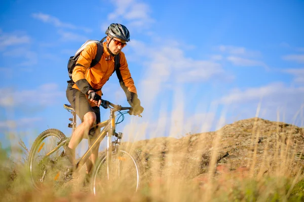Ciclista montando la bicicleta en el hermoso sendero de montaña — Foto de Stock