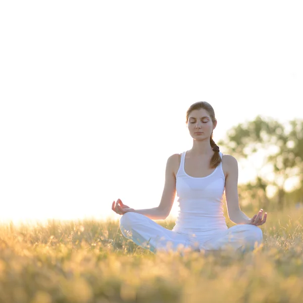 Joven hermosa mujer practica yoga en el prado soleado —  Fotos de Stock