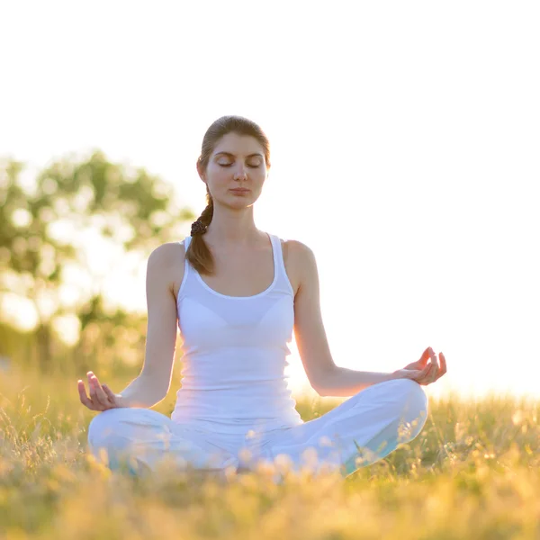 Young Beautiful Woman Practices Yoga on the Sunny Meadow — Stock Photo, Image