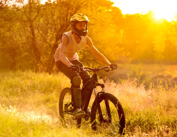 Ciclista montando la bicicleta en el sendero en el bosque de verano al amanecer —  Fotos de Stock