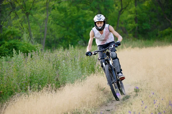 Ciclista montando la bicicleta en el sendero en el hermoso bosque — Foto de Stock
