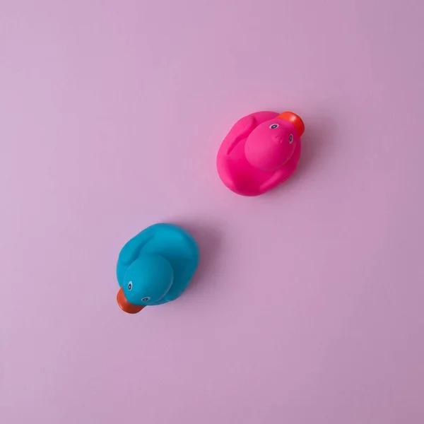 Two ducks pink and blue with their backs to each other with copy space on a pink background. Minimal animal scene.